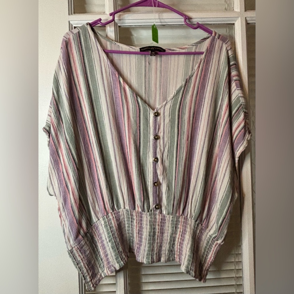 Striped V-Neck Buttoned Women's Cropped Top-Size 2x